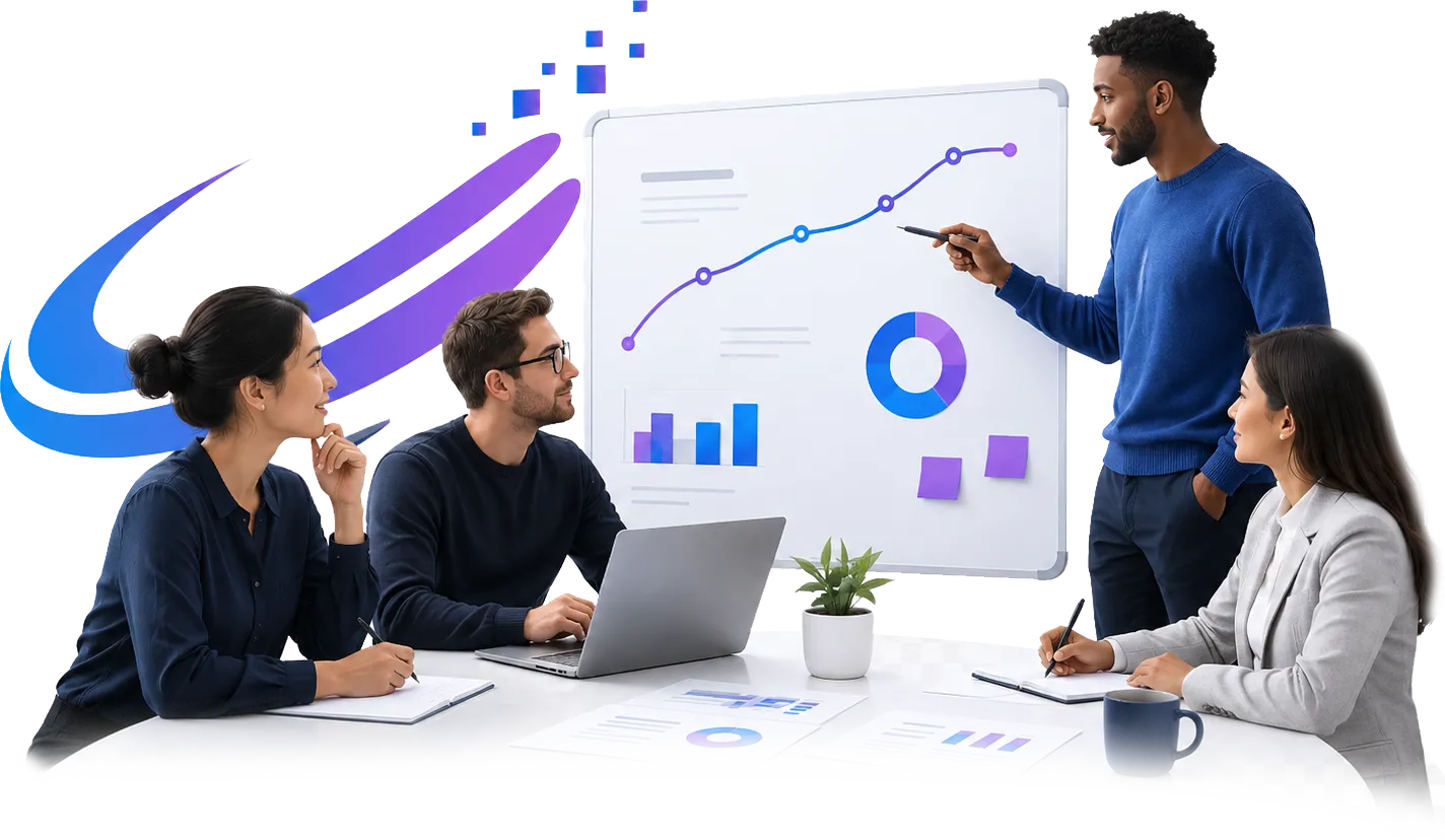 AI Catlyst strategists reviewing a roadmap and ROI metrics with a client team